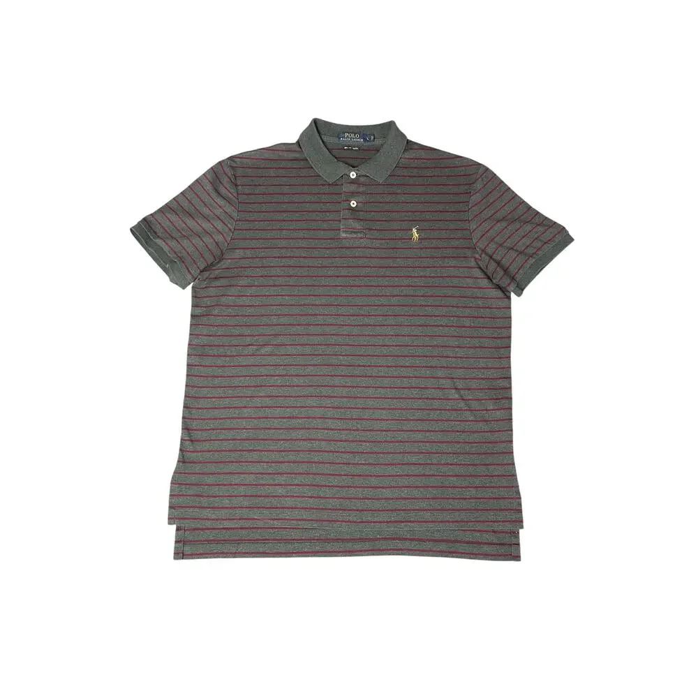 Ralph Lauren Grey & Maroon Stripped Soft Pima Cotton Polo Shirt SZ Large Preppy